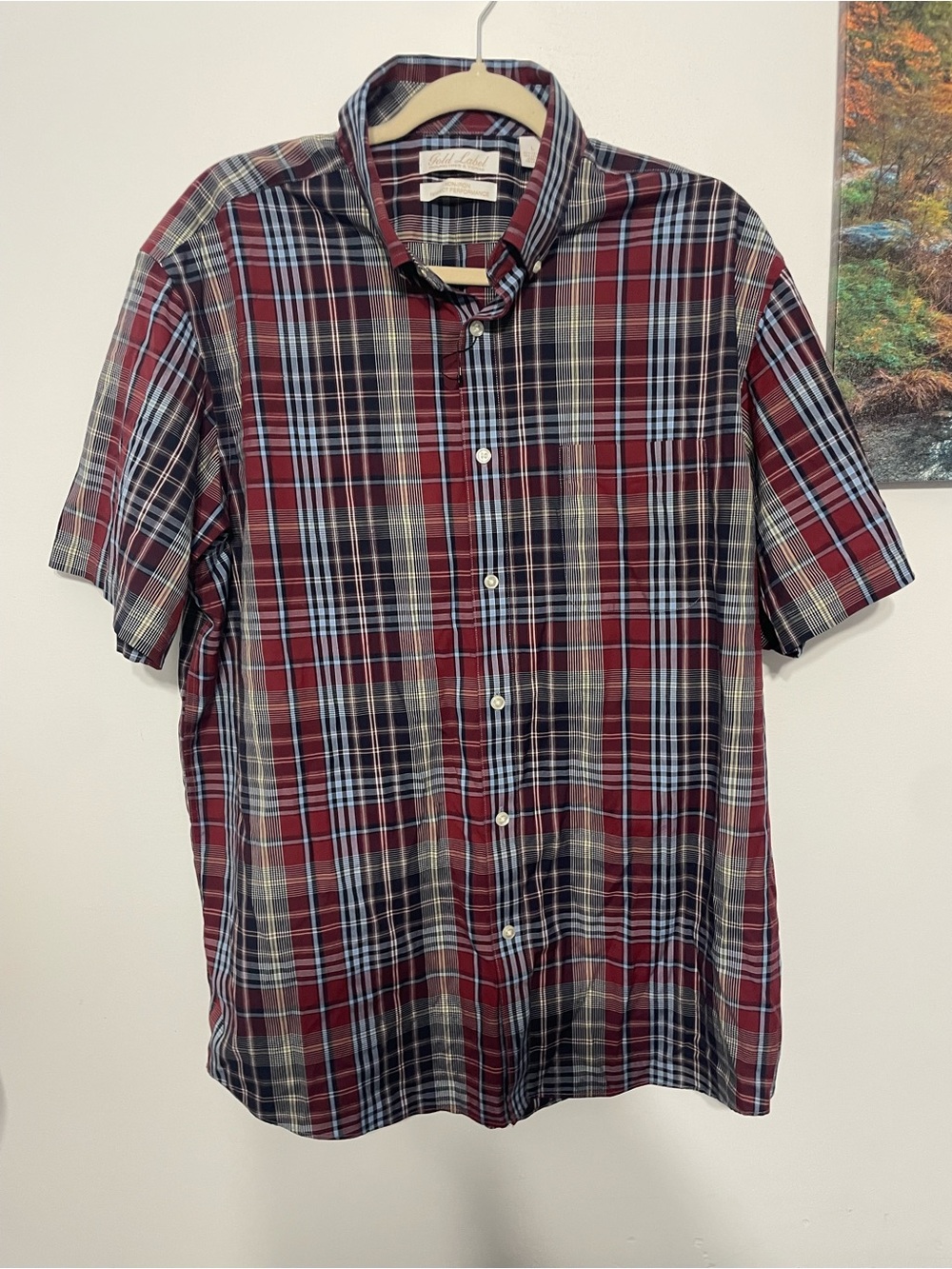 Gold label Short-Sleeve flannel Plaid Button-Up Shirt - Burgundy size Large